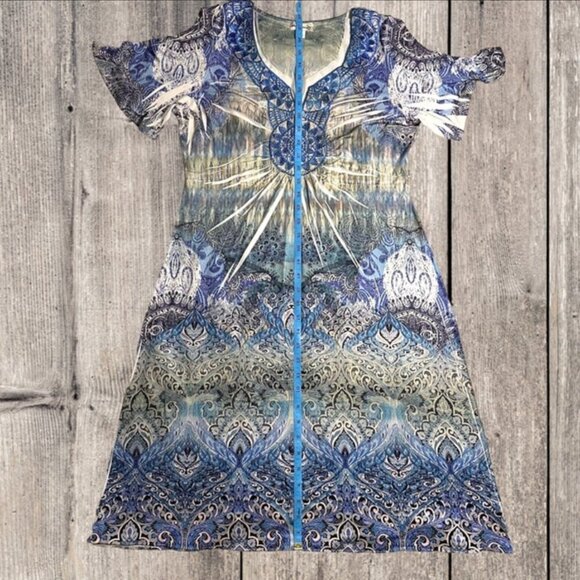 World Unity Star Ace Blue Purple Midi Short Sleeved Dress Women's Size Large - Picture 4 of 11